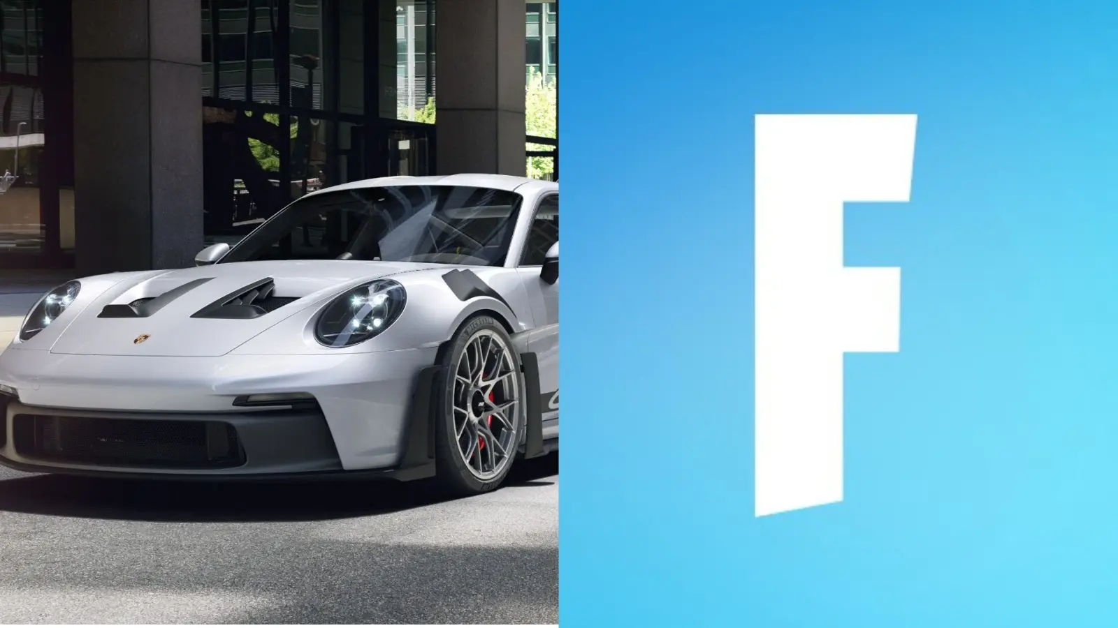 A screenshot featuring a Porsche car in Fortnite logo.