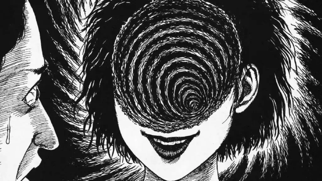 A woman with a spiral for a face in the horror manga Uzumaki