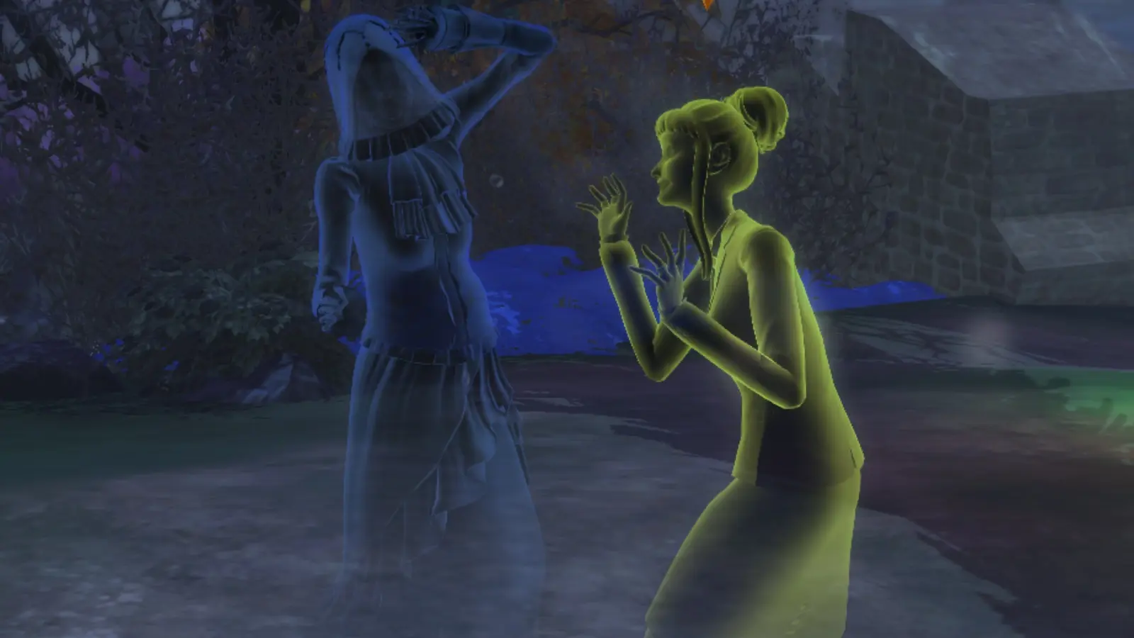 A screenshot featuring a Ghost Sim scaring another Ghost.