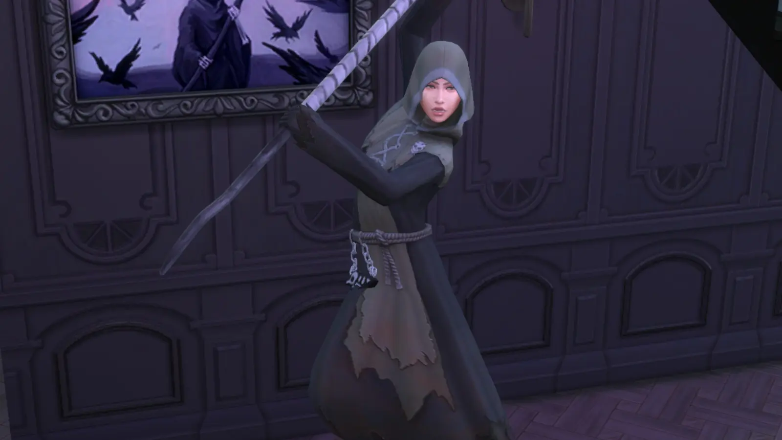 A screenshot featuring a Sim working in the Grim Reaper career in The Sims 4 Life and Death Expansion Pack.