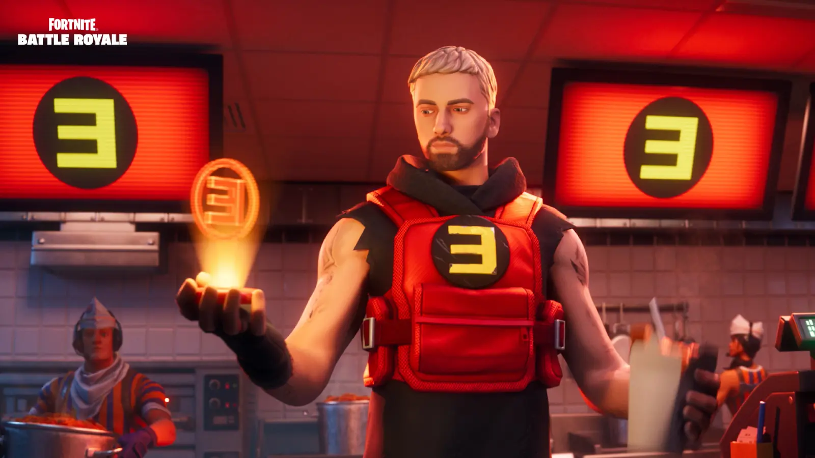 Eminem inside the Mom's Spaghetti restaurant on the Fortnite map.