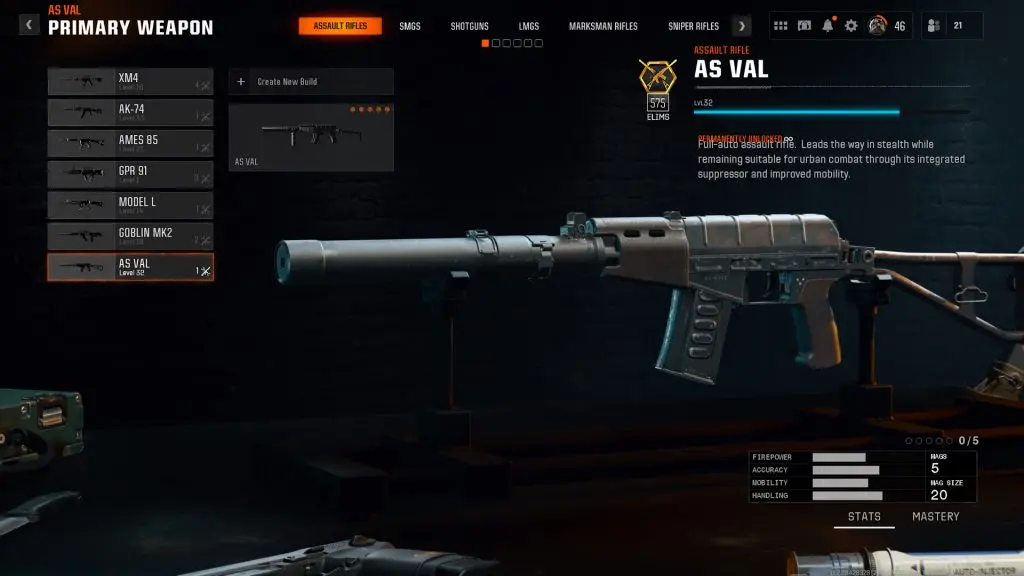 The AS VAL assault rifle on Black Ops 6's loadout menu.