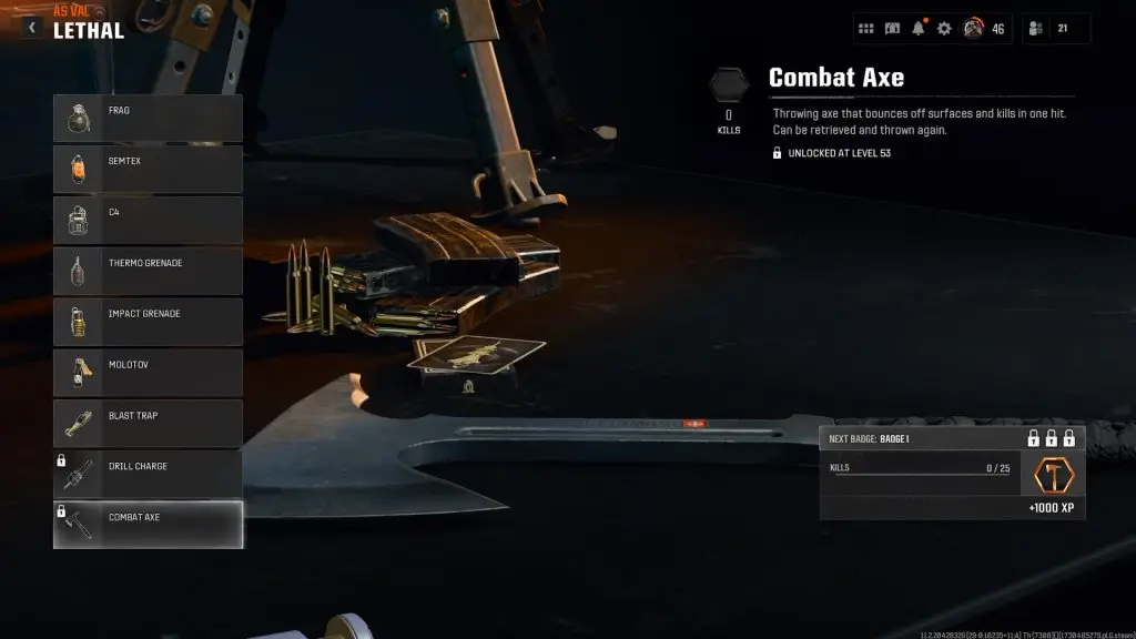 The Combat Axe lethal equipment on Black Ops 6's loadout menu.