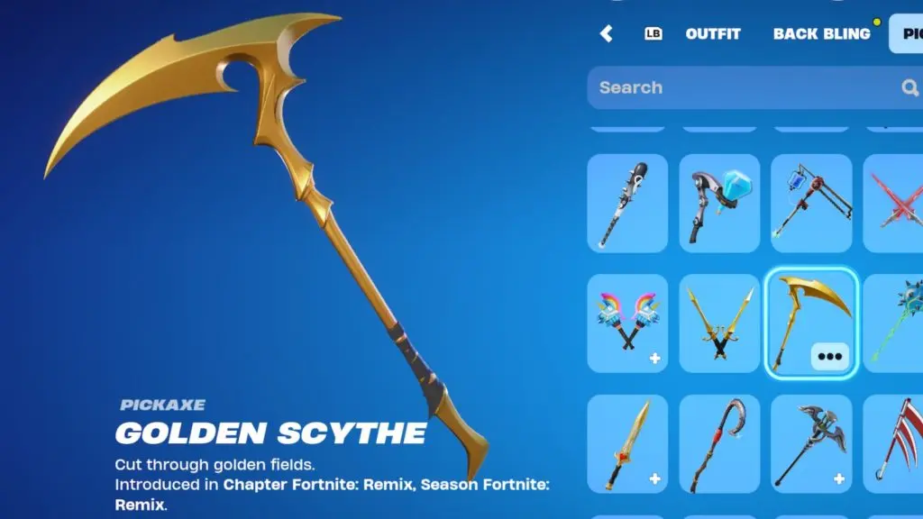 A screenshot featuing the Golden Scythe Pickaxe in Fortnite.