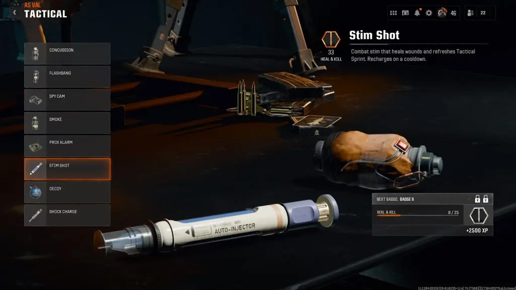 The Stim Shot tactical equipment on Black Ops 6's loadout menu.