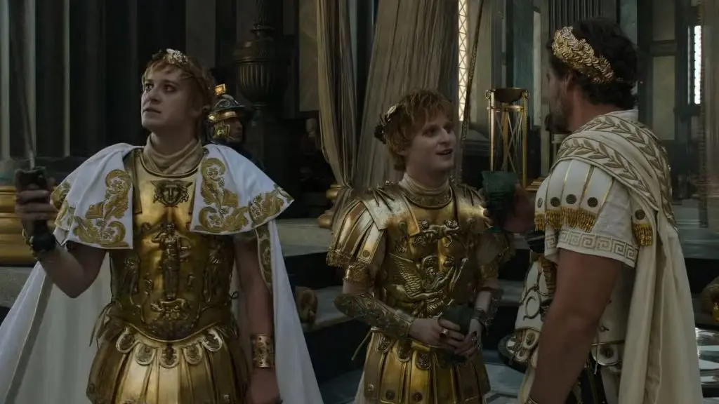 Emperors Geta and Caracalla talk to Marcus Acacius in Gladiator 2