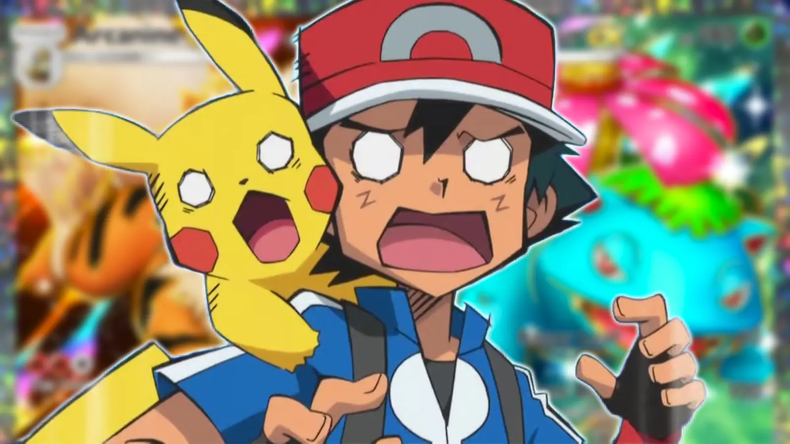 Ash surprised against a background of Pokemon TCG Pocket cards.