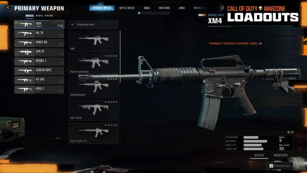 Weapon loadout screen in Warzone