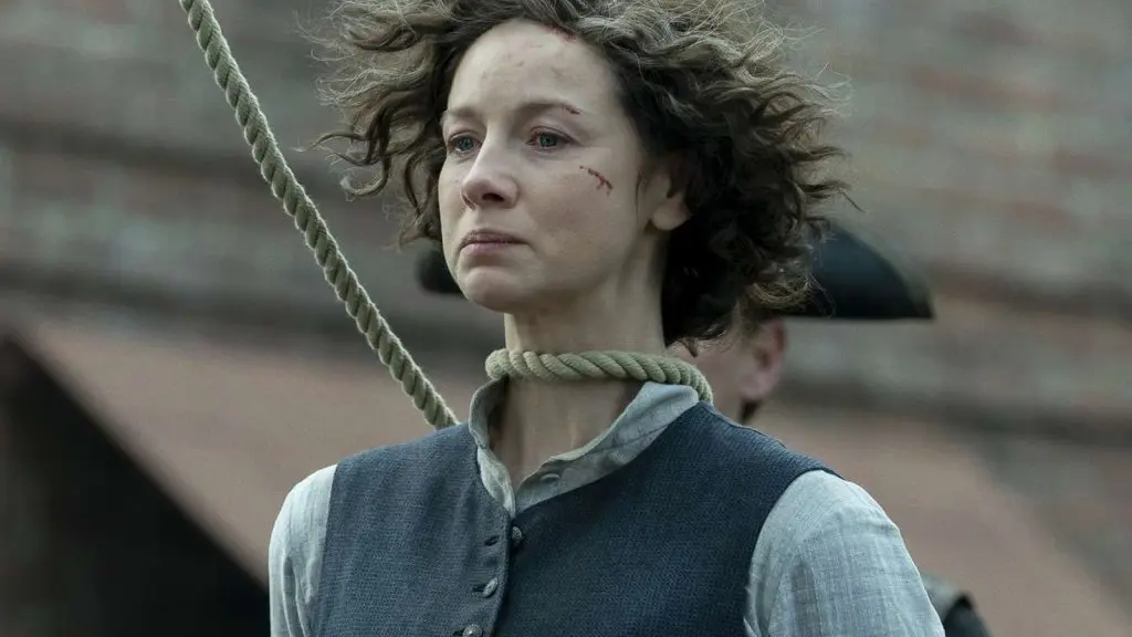 Claire with her head in a noose in Outlander.