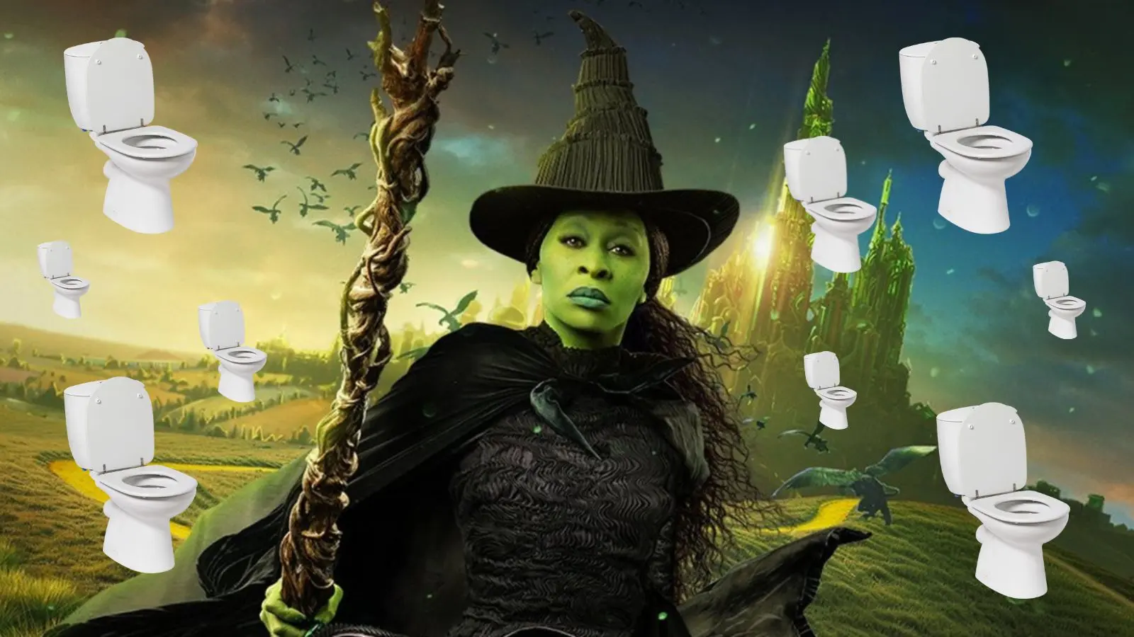 Elphaba surrounded by flying toilets in the new Wicked movie