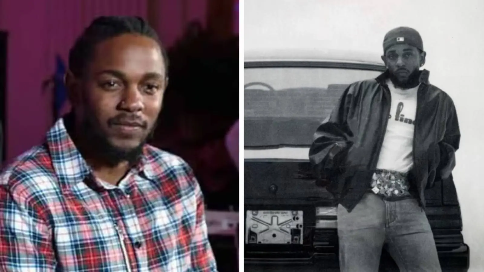 Kendrick Lamar alongside an image of his GNX album cover.