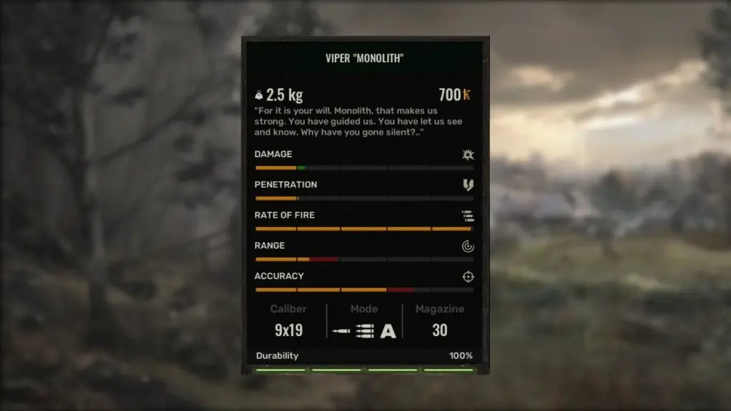 The Viper Monolith Stat screen in Stalker 2: Heart of Chornobyl