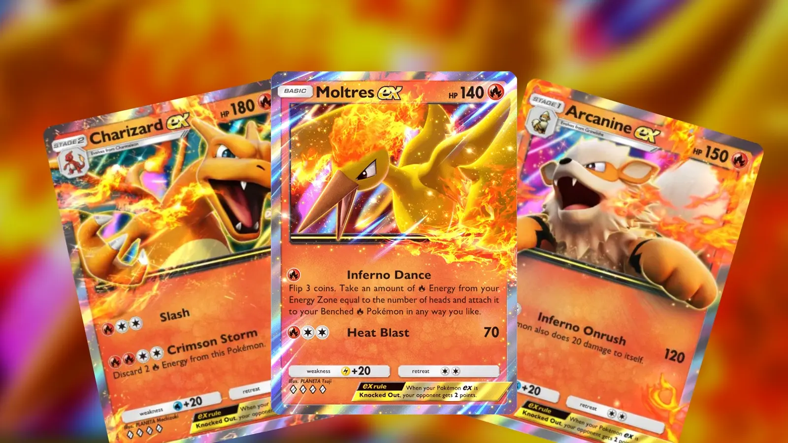 Moltres ex, charizard ex and arcanine ex cards in Pokemon TCG Pocket