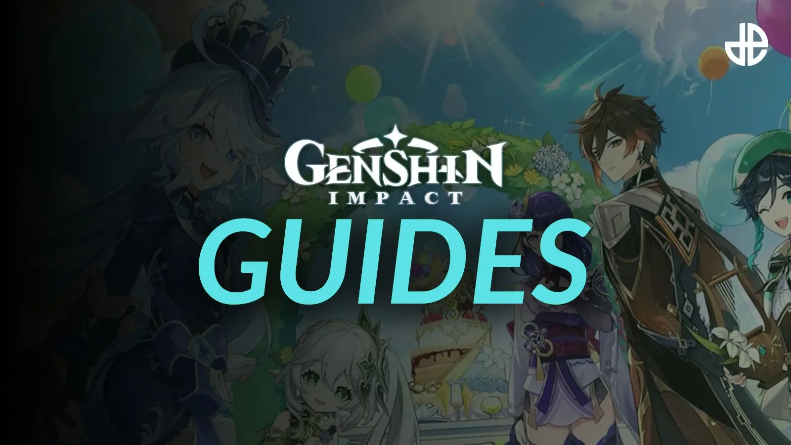 Genshin Impact characters with the game's logo in front of it