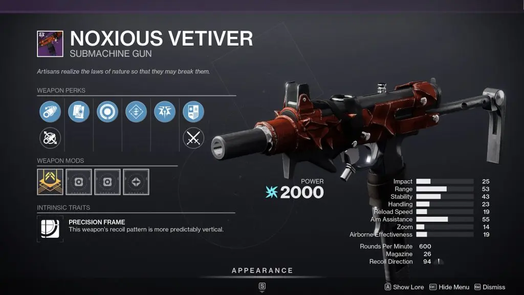 The Noxious Vetiver god roll in Destiny 2.