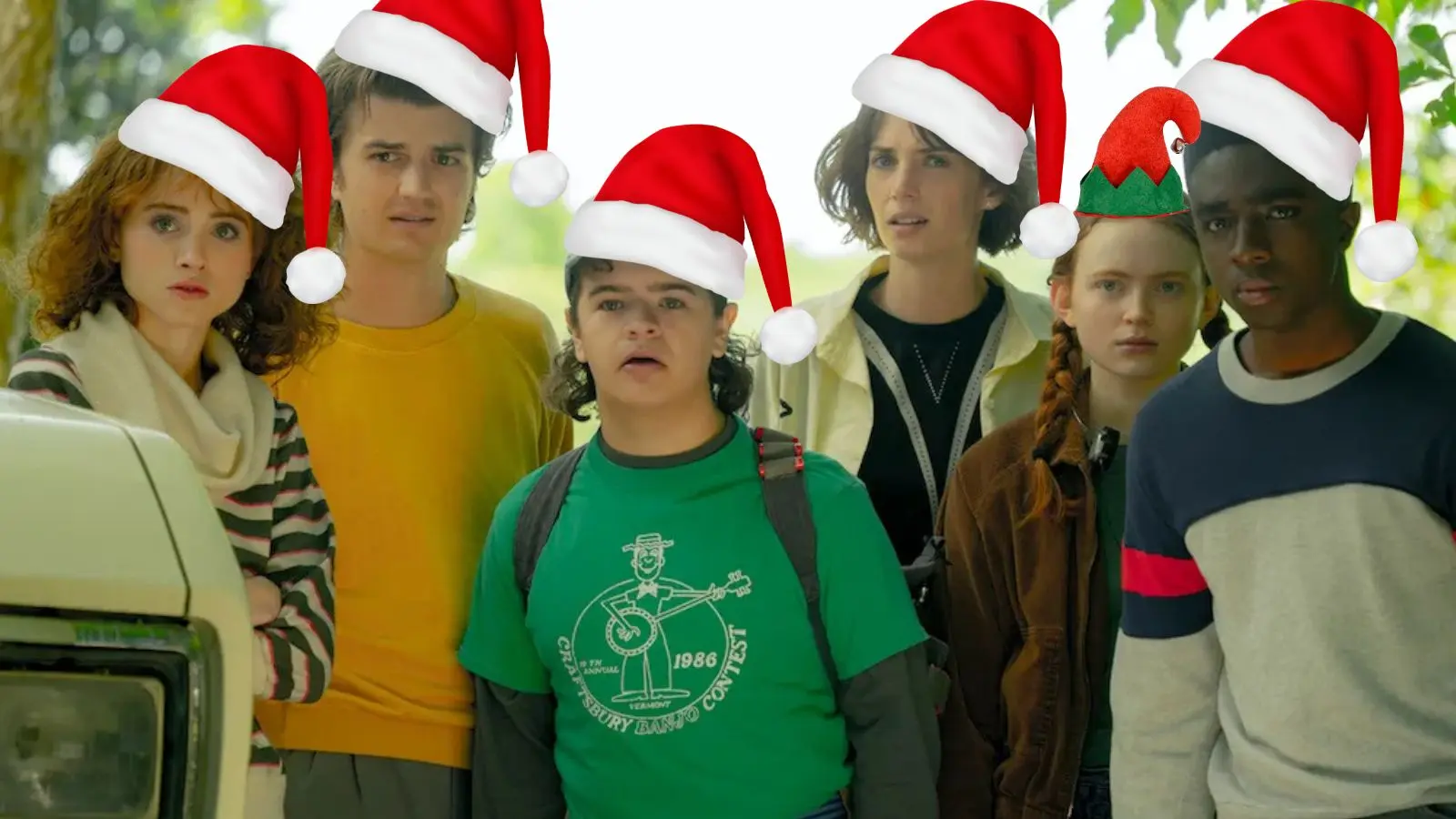 The Stranger Things cast in Santa hats