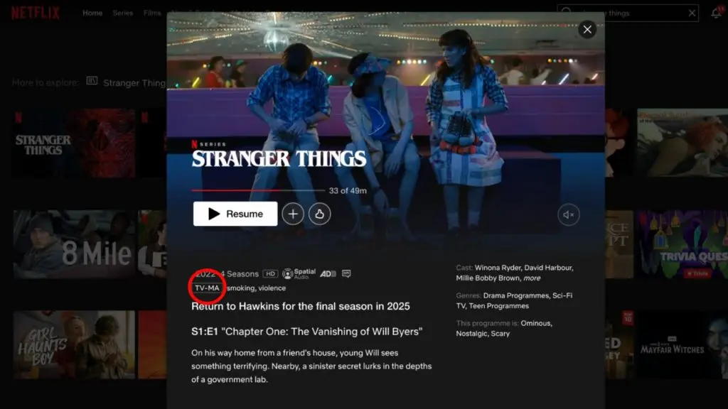 A screenshot of Stranger Things and its TV-MA rating