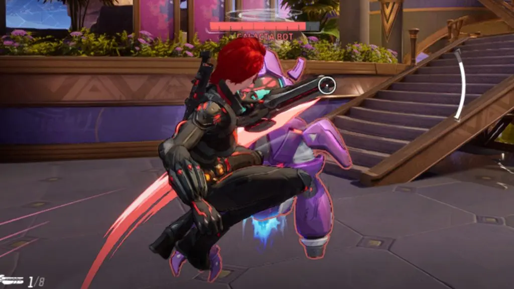 A screenshot featuring Black Widow kicking in Marvel Rivals.