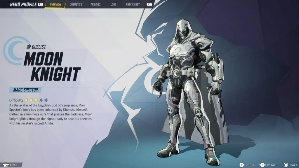 A screenshot of Moon Knight's hero screen in Marvel Rivals.