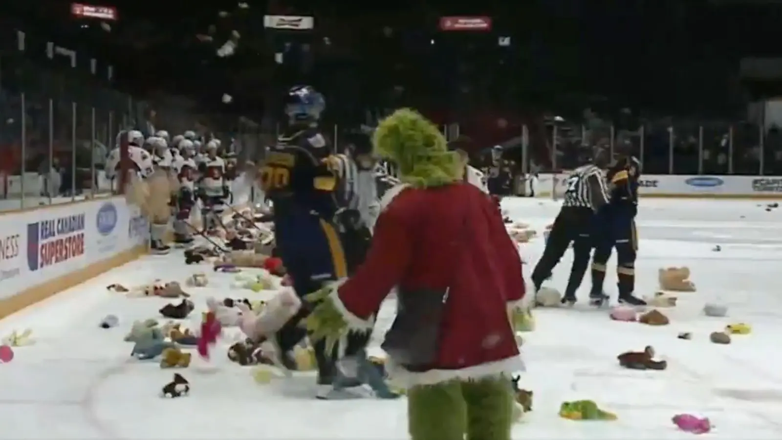 Ice hockey brawl featuring the Grinch