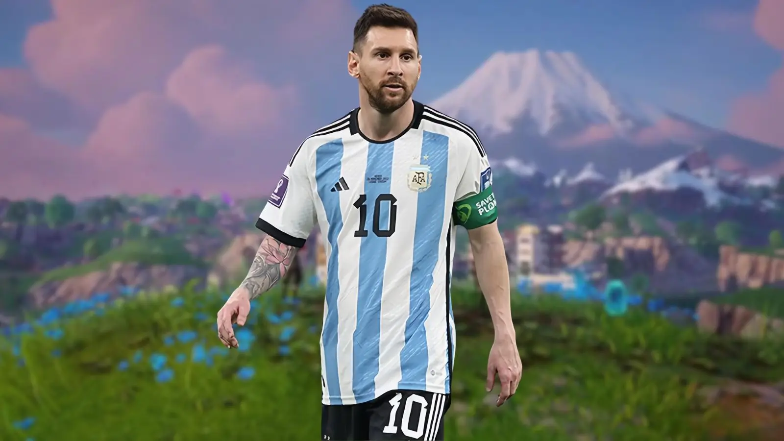 Lionel Messi in front of Fortnite map