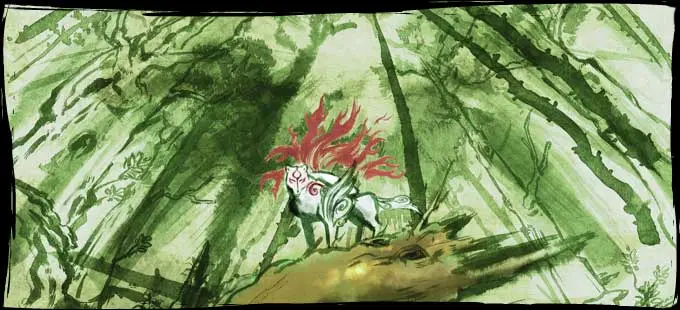 Amaterasu in a forest.