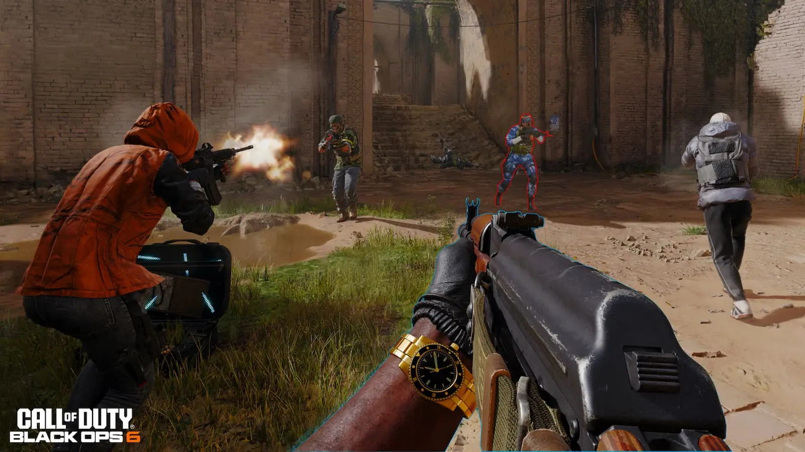 Image of an enemy being outlined with a red line on Babylon in Multiplayer