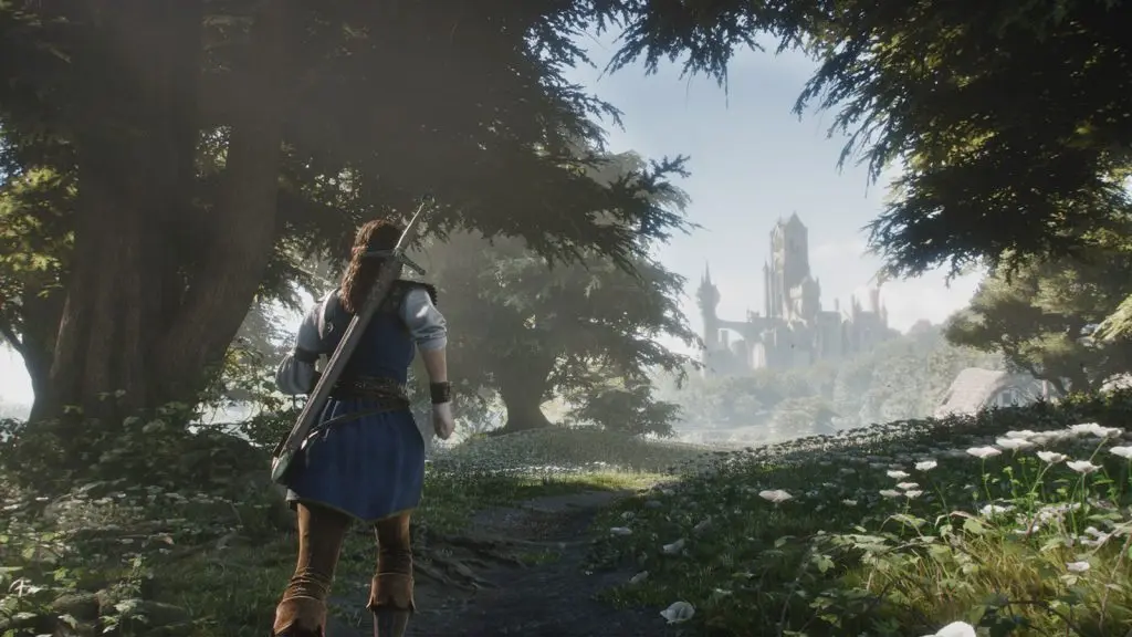 fable protagonist walking towards castle