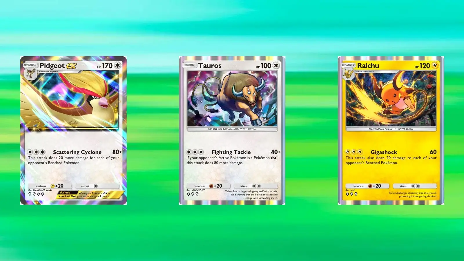 Pidgeot, Tauros, and Raichu move descriptions in Pokemon TCG Pocket