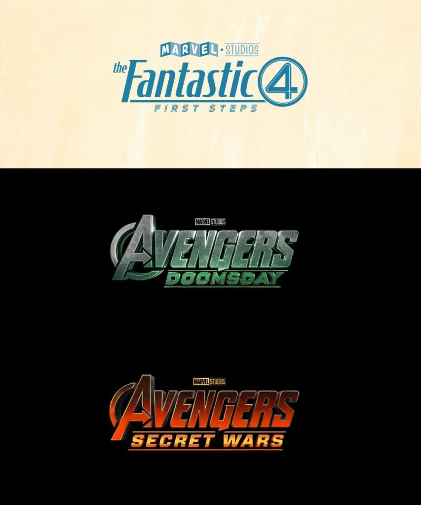 Logos for Fantastic Four: The First Steps, Avengers: Doomsday, and Avengers: Secret Wars