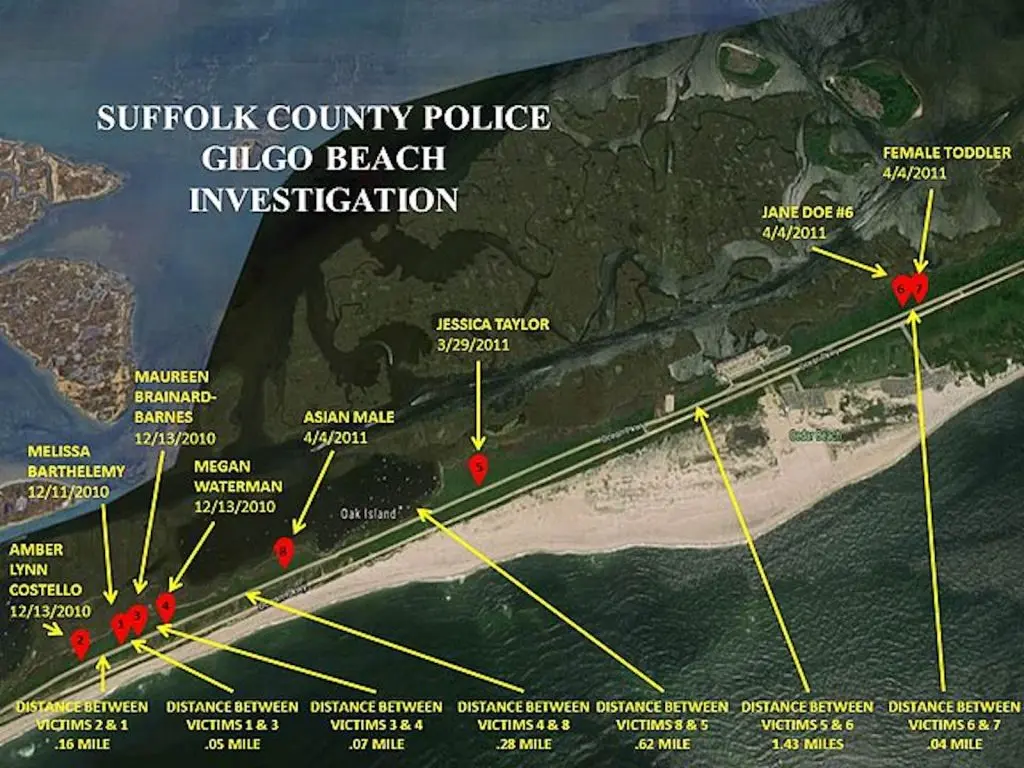 Map indicating the location of where the Gilgo Beach bodies were discovered