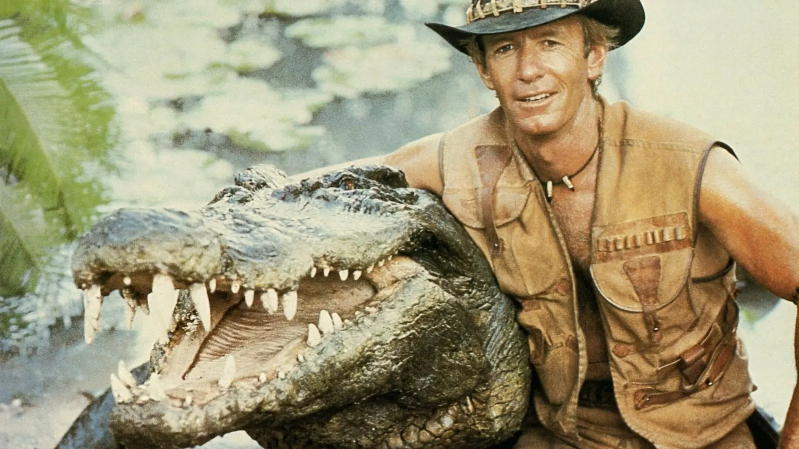 Burt the crocodile with Paul Hogan in Crocodile Dundee.