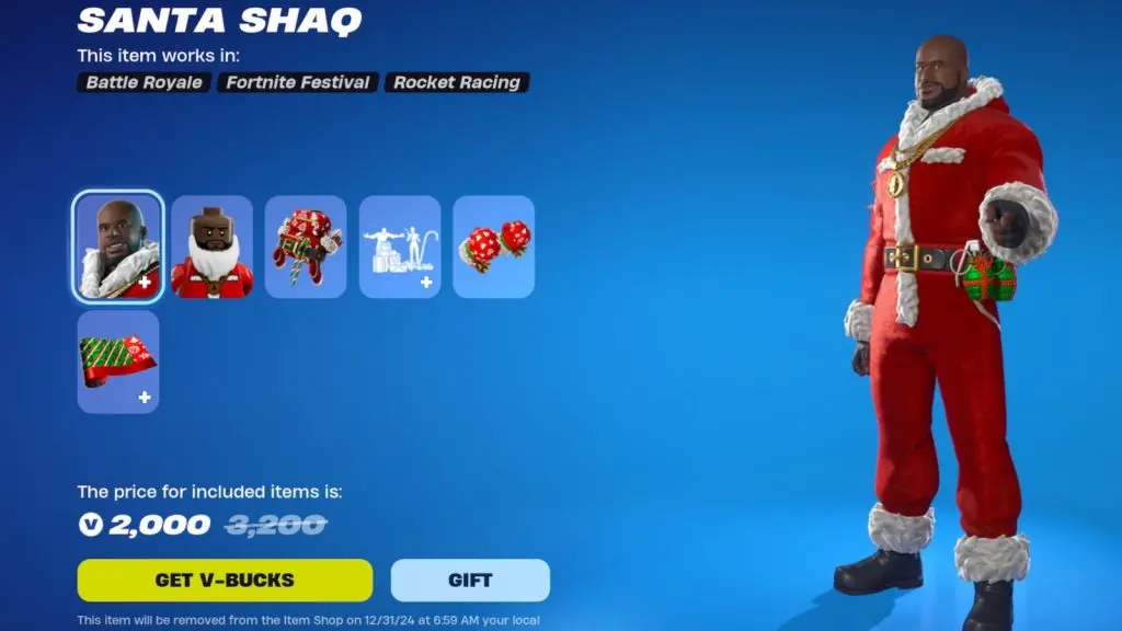 A screenshot featuring the Santa Shaq bundle in Fortnite.