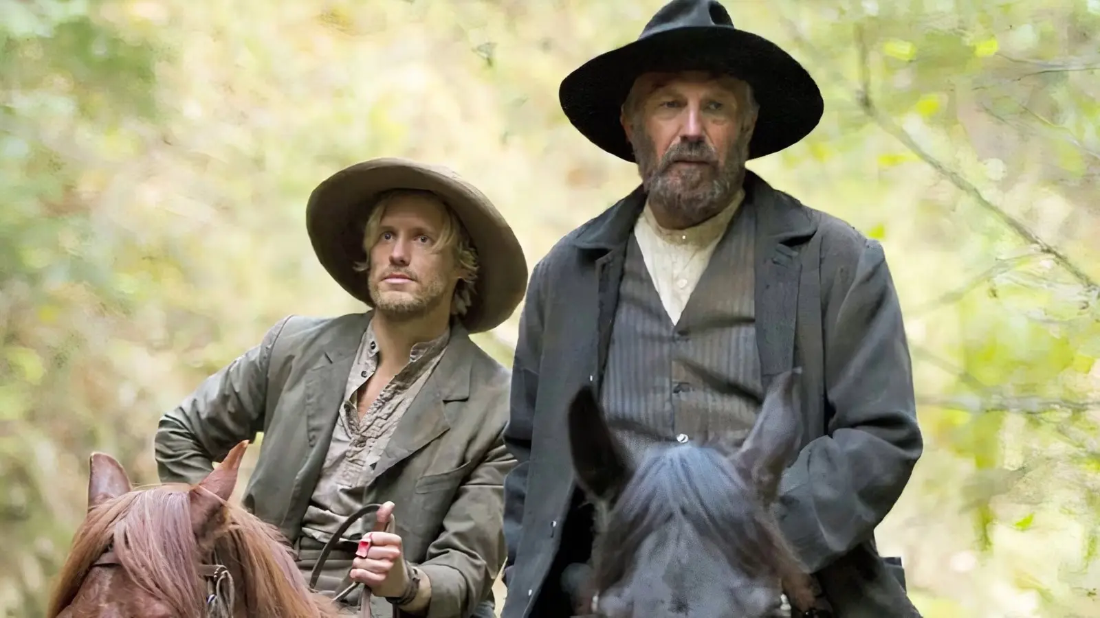 Kevin Costner riding a horse in the Hatfields and McCoys miniseries