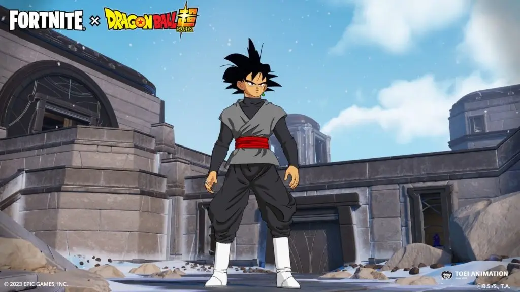 Goku Black standing in front of a building, with rubble around.