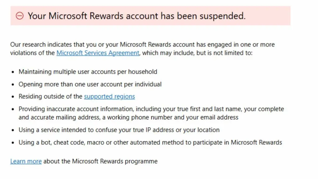 Microsoft rewards suspended