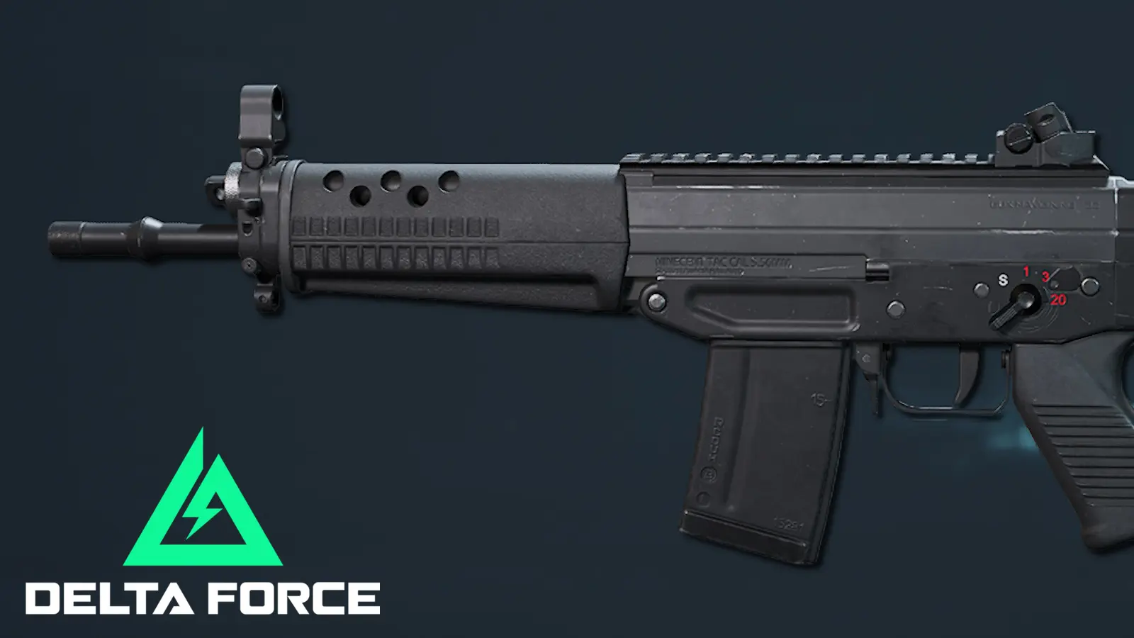 A side profile of the SG552 assault rifle in Delta Force next to the game's logo.