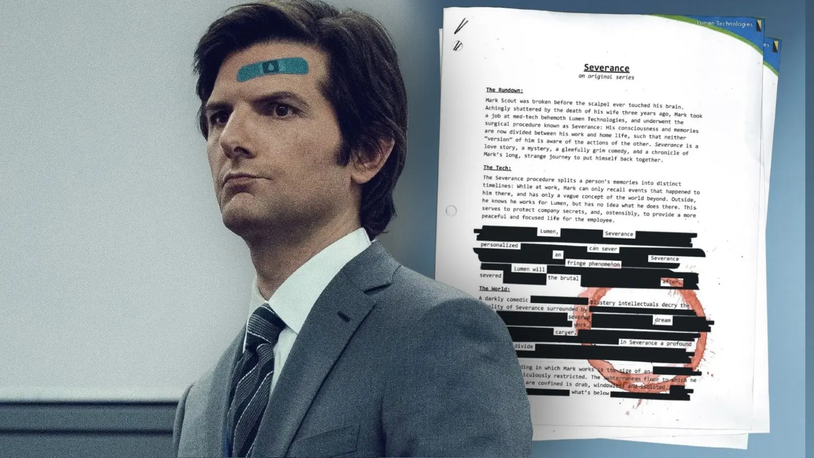 Adam Scott in Severance and the pitch document with a blood stain