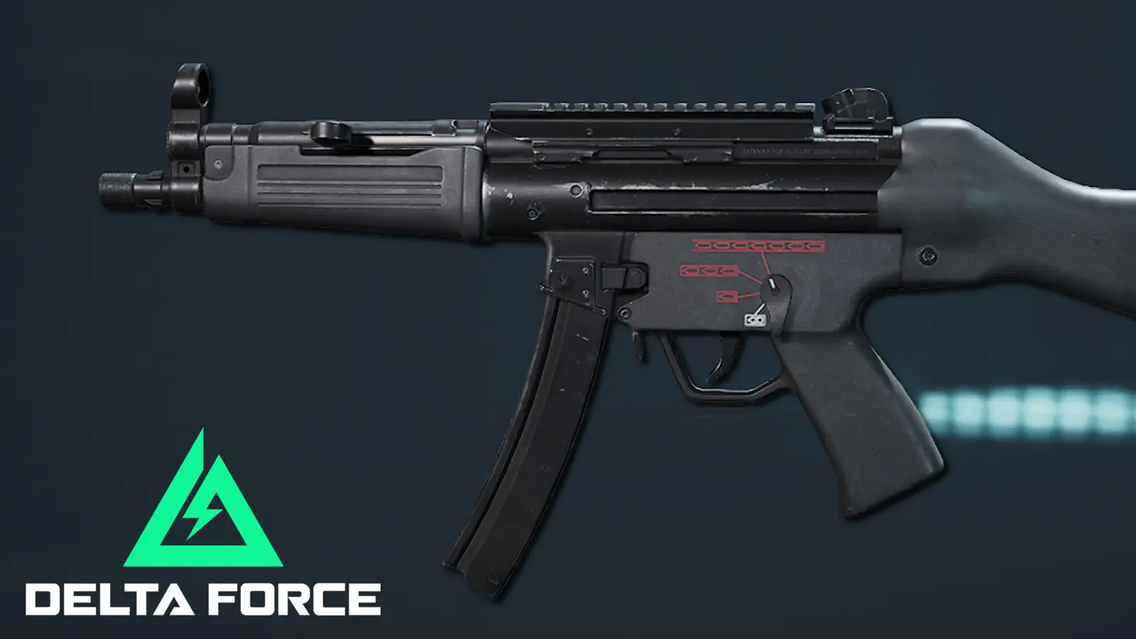 A side profile of the MP5 next to Delta Force's logo.