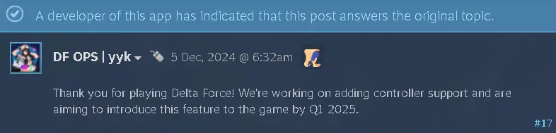 A Delta Force developer explaining when controller support will be added.