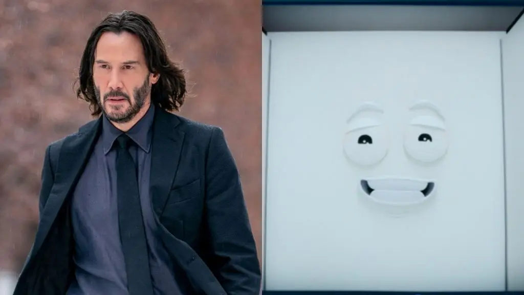 Keanu Reeves in John Wick and the Lumon building's face in Severance Season 2 Episode 1