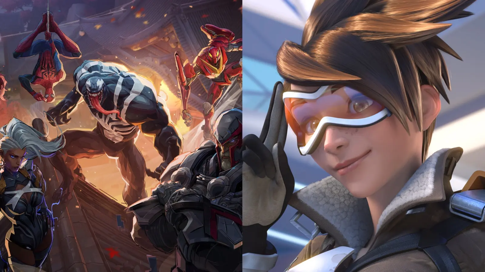 A screenshot featuring Marvel Rivals characters and Tracer from Overwatch 2.