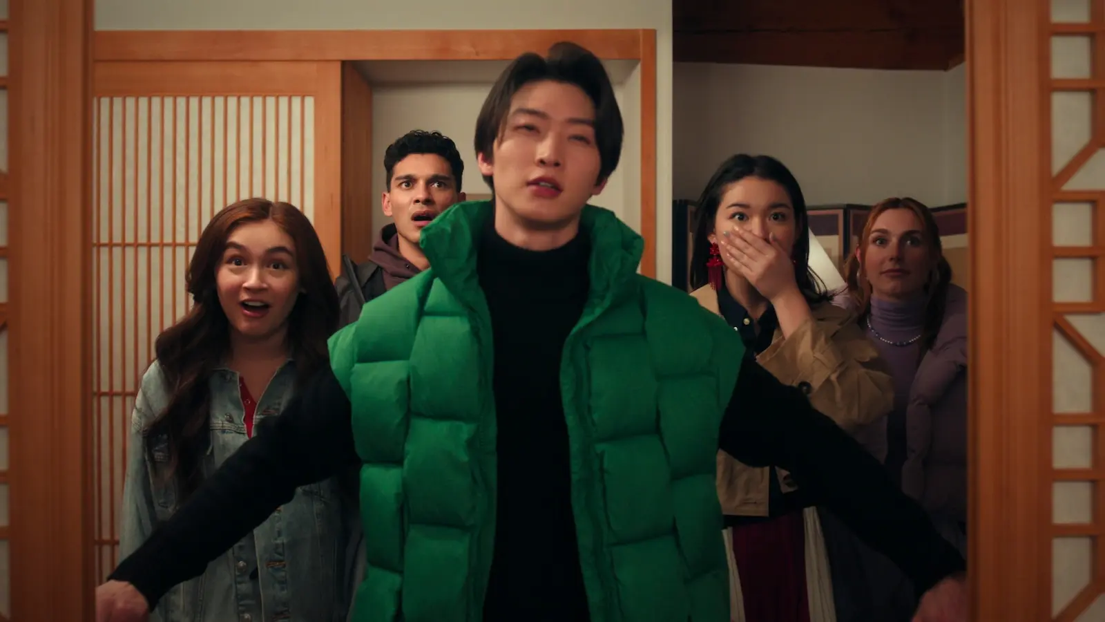 (L to R) Anna Cathcart as Kitty Song Covey, Anthony Keyvan as Quincy 'Q' Shabazian, Sang Heon Lee as Min Ho Moon, Audrey Huynh as Stella, Jocelyn Shelfo as Madison Miller in episode 204 of XO, Kitty.