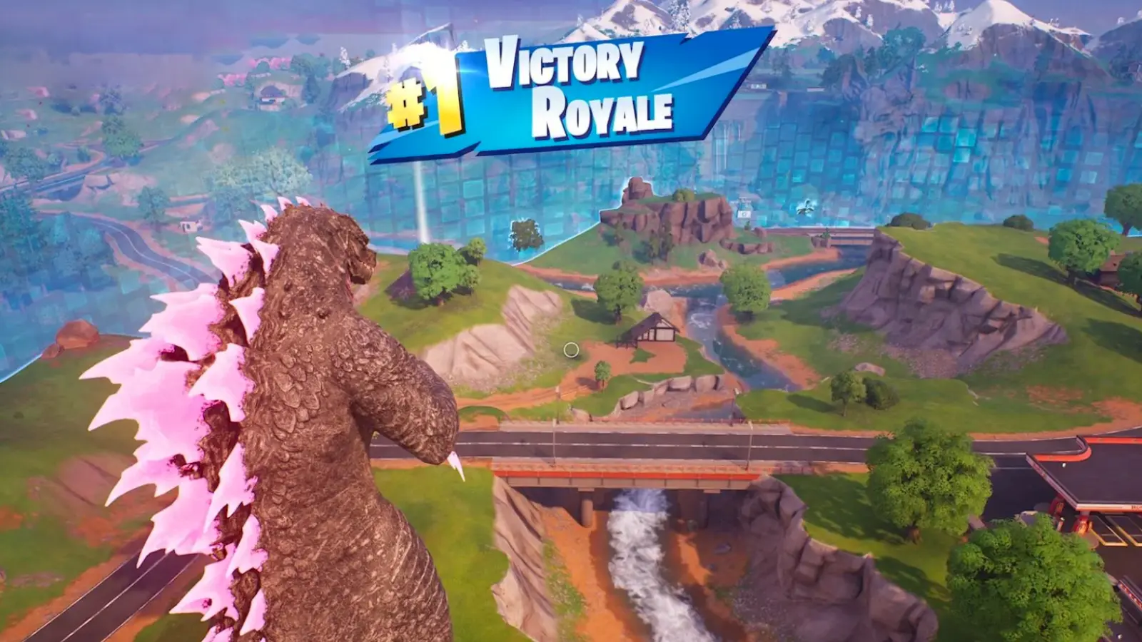 Fortnite player getting a Victory Royale while playing as Godzilla during a Battle Royale match in Chapter 6 Season 1.