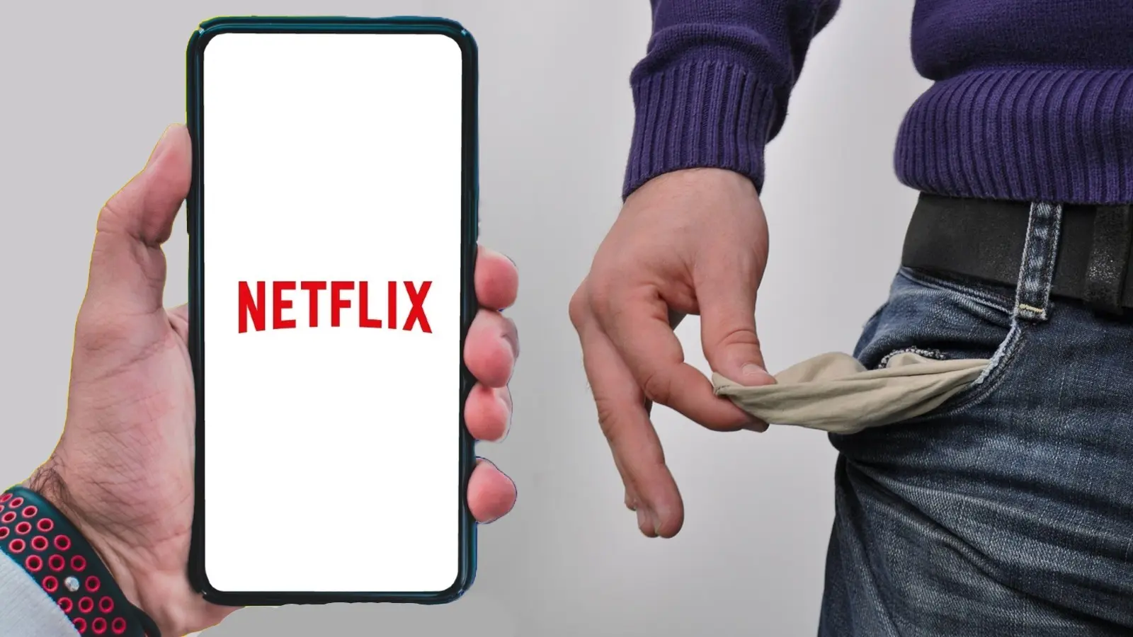 Someone holding a phone with the Netflix logo and empty pockets