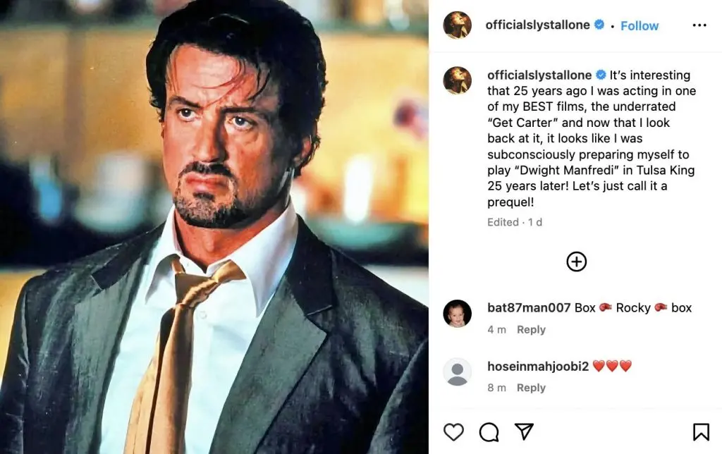 A screenshot of Sylvester Stallone talking about Get Carter on Instagram