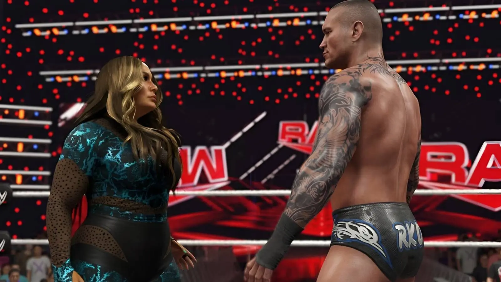 WWE 2K25 intergender match between Nia Jax and Randy Orton