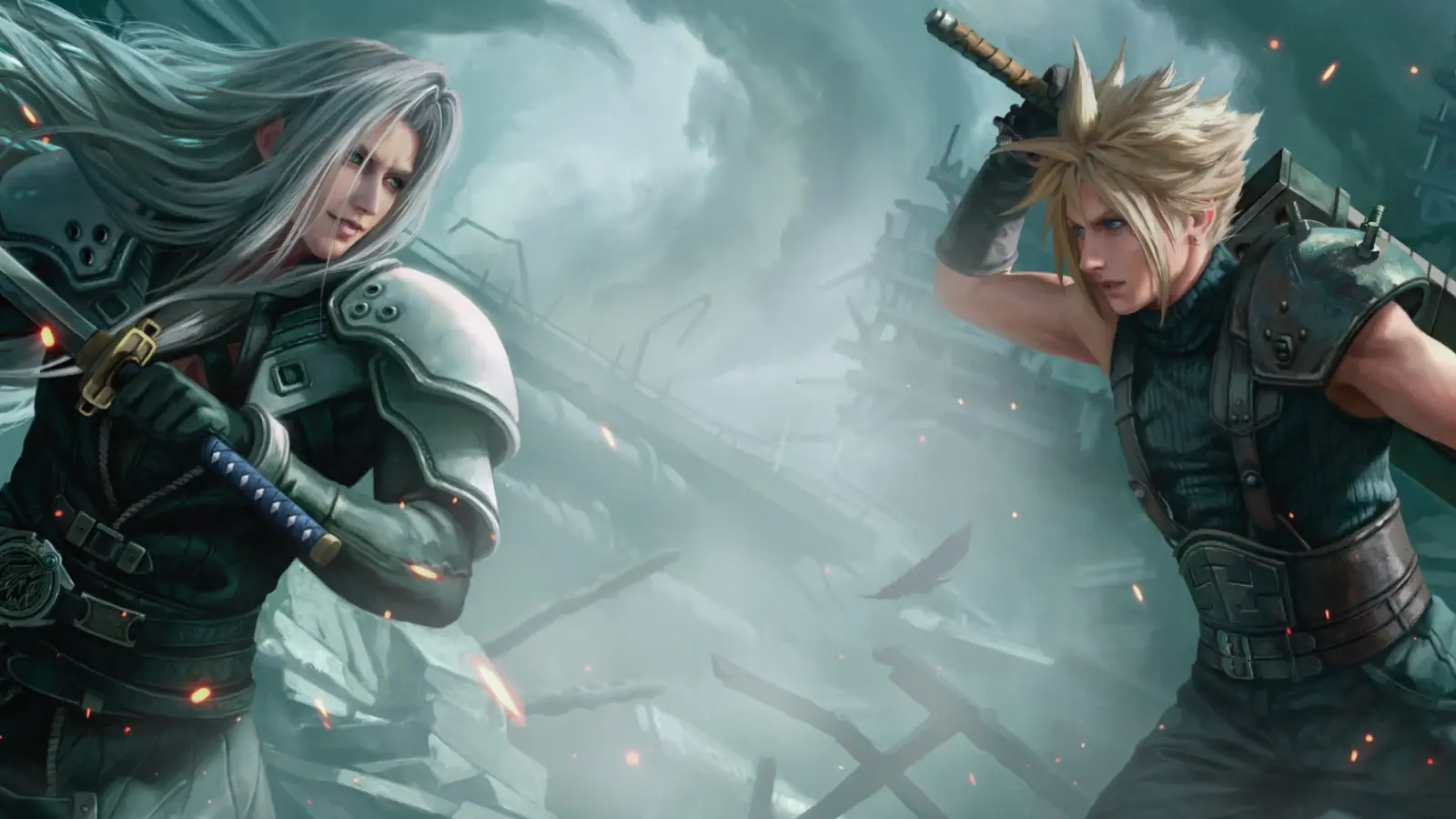 Cloud Strife and Sephiroth facing off in the MTG X Final Fantasy crossover.
