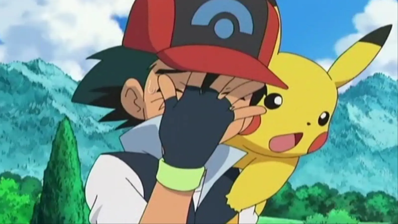 A screenshot featuring Ash facepalming with Pikachu in Pokemon.