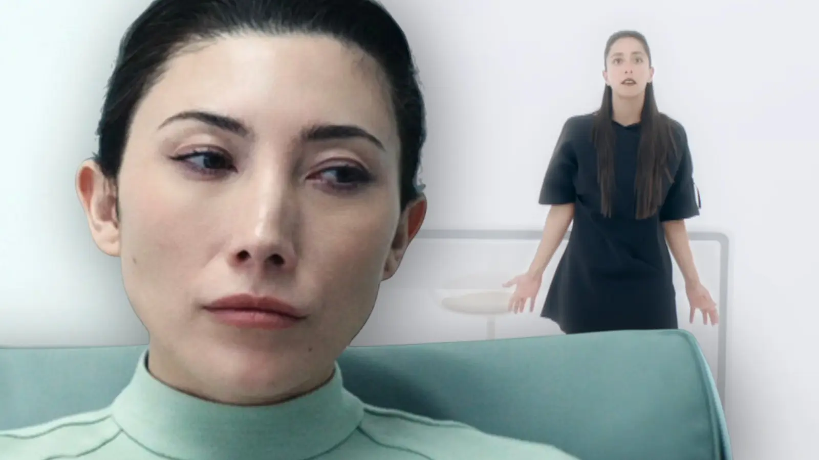 Gemma in Severance and still from Black Mirror White Christmas